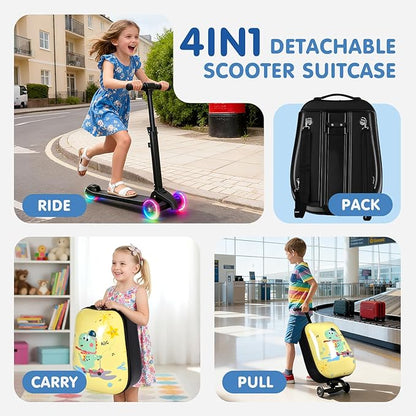 smilesun 4-in-1 Detachable Scooter Luggage for Kids & Teens – Hardside Ride-On Suitcase with Led Light Up Wheels, Dinosaur Design, Lightweight Foldable, Perfect Travel Gift for Boys(Yellow 22-inch)
