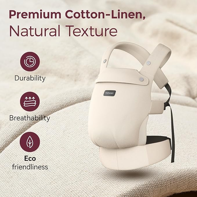 Momcozy Baby Carrier with Natural Cotton Linen, Built to Last, Ergonomic Design, 7-44lbs for Infant and Toddler, Lightweight and Comfortable, Hands-Free for Moms&Dads, Light Amber