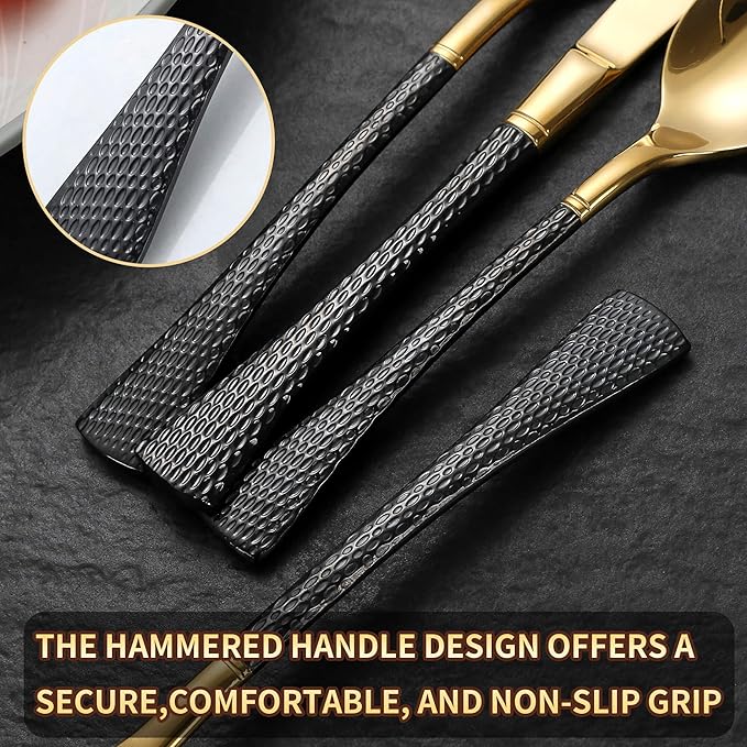 Lemeya Hammered Black Gold Silverware Set,20 Piece Modern Flatware Set Service for 4,Mirror Polished Stainless Steel Cutlery Set Utensil Set Tableware Set,Kitchen Knives Fork Spoon Set,Dishwasher Safe