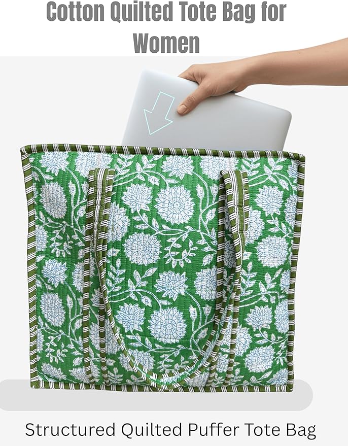 Cotton Quilted Tote Bag for Women – Large Beach & Travel Tote with Zipper, Reusable Grocery Bag