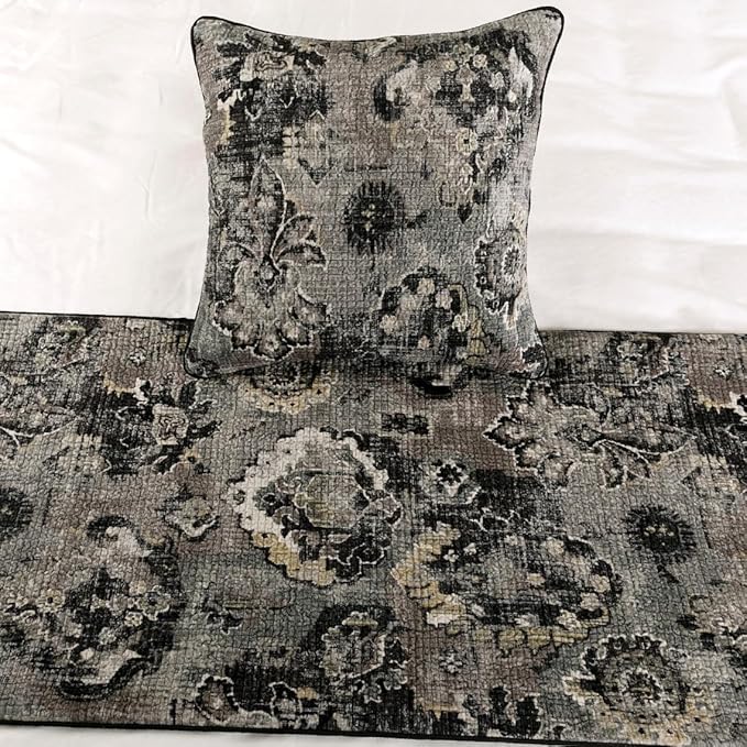 The HomeCentric Handmade Black & Grey Twin 53 x 18 inch Bed Runner with 2 Matching Pillow Cover, Velvet Damask with Tassels Bed Scarf, Abstract Modern - Paved Damask