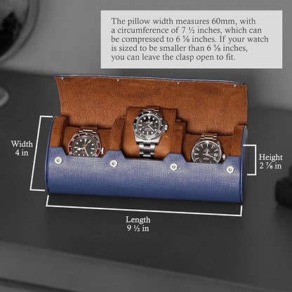 ROTHWELL Watch Roll Travel Case for 3 Watches | Tough Portable Protection, Fits All Wrist Watch & Smart Watches Up to 50mm (Blue/Tan)