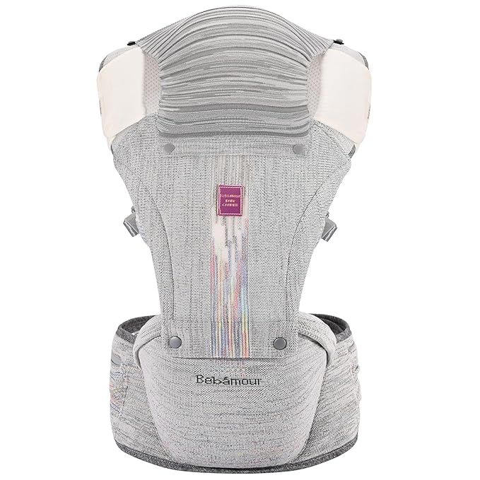 Bebamour Baby Carrier Newborn to Toddler with Hip Seat Baby Carrier Front and Back Carry Carrier with Head Hood, 3 PCS Teething Pads,Storage Bag (Gray-Knit)