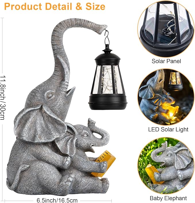 Solar Garden Statue Lights Loving Elephants Figurine