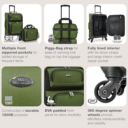 U.S. Traveler Lightweight Rolling 20" Carry On Luggage Softside Suitcase, Green, 4 Wheel