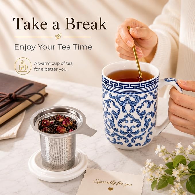 AmorArc Tea Cup With Infuser and Lid, 18oz Loose Leaf Tea Mug With Steeper |