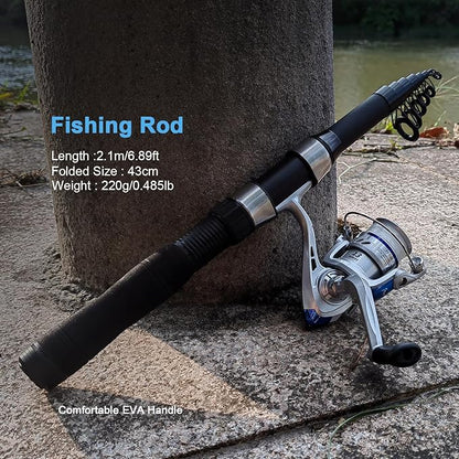 Fishing Rod Reel Combo - 2PCS 6.89ft Collapsible Rods 2PCS Spinning Reels Lures Set Fishing Pliers Carrier Bag for Travel Saltwater Freshwater Fishing Telescopic Fishing Pole Kit