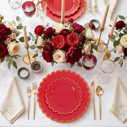 LIYH 100 Red Scalloped Plastic Disposable Plates