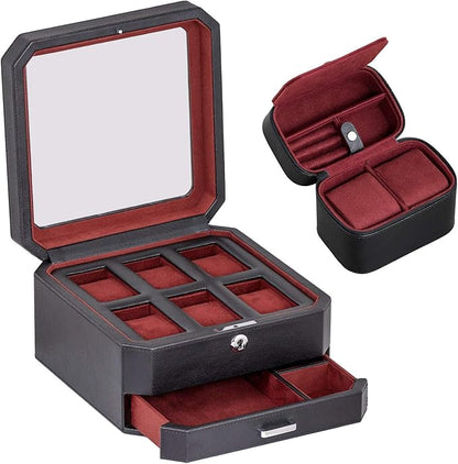 ROTHWELL Gift Set 6 Slot Leather Watch Box and 2 Watch Travel Case - Luxury Case Organizer, Microsuede Liner, Locking Mens Jewelry Watches Holder, Storage Boxes Glass Top (Black/Red Gift Set)