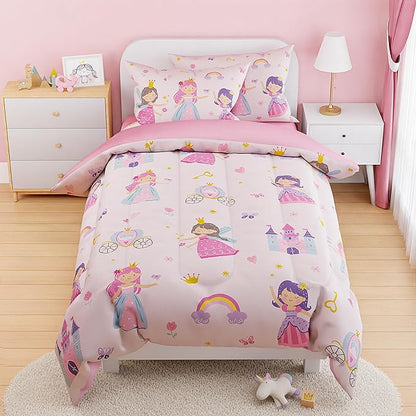 SANDJEST Princess Comforter Set Twin Size 68x86in for Kids Girls, Microfiber 3 Pcs Bedding Set Includes 1 Comforter, 1 Pillowcase, 1 Fitted Sheet, Nursery Room Decor
