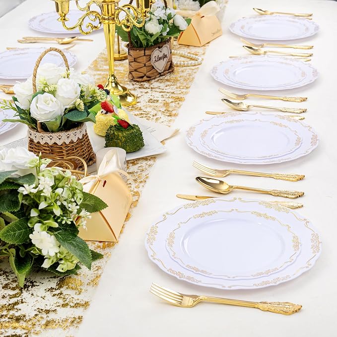 DaYammi 60PCS White and Gold Plastic Plates