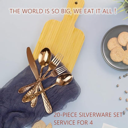Hammered Silverware Set 20-Piece, 18/10 Stainless Steel Flatware Cutlery
