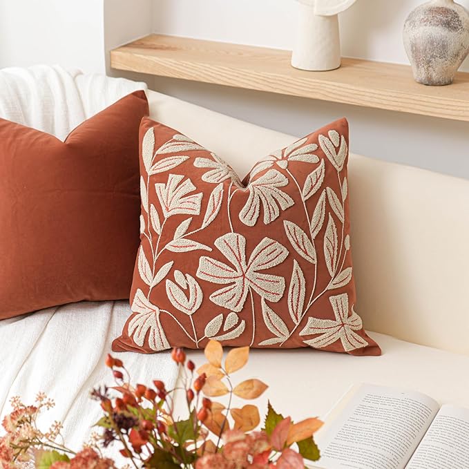 BlissBlush Fall Throw Pillow Cover 20x20, Rust Brick Red Soft Velvet Floral Decorative Accent Throw Pillowcase, Tufted Farmhouse Pillowcase for Couch Sofa Living Room Home Décor