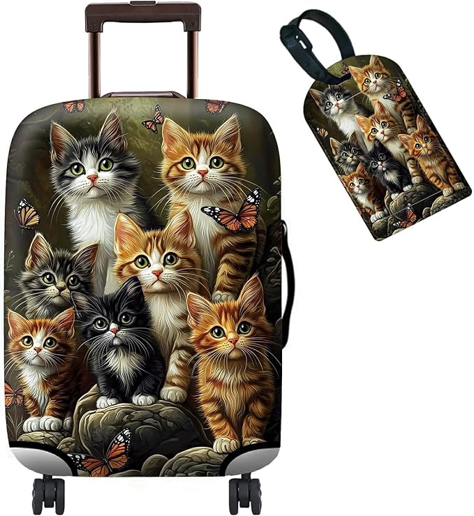 Luggage Cover + Tag, Cats Family Travel Suitcase Protector for 18-20 inch Luggage (S) with Concealed Zipper, Washable Elastic Cloth, Dustproof, Anti-Scratch