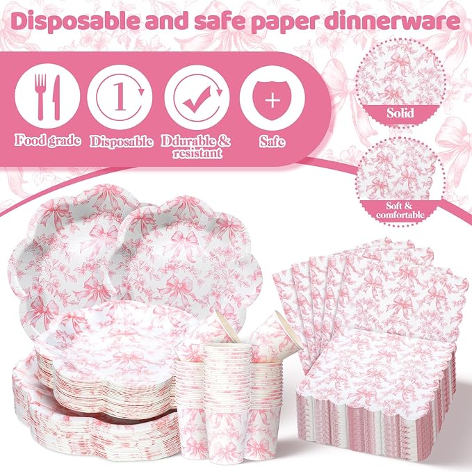 250 Pcs Pink Bow Disposable Paper Plate Napkins | Disposable Tableware Set