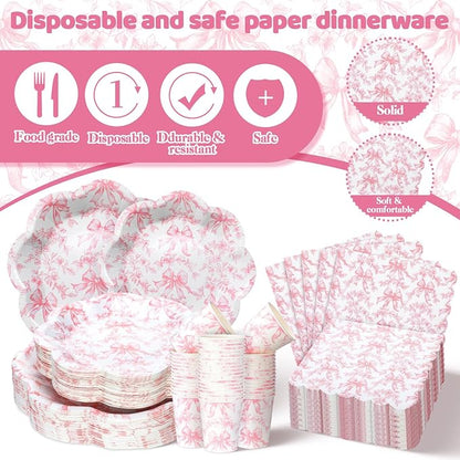 250 Pcs Pink Bow Disposable Paper Plate Napkins | Disposable Tableware Set