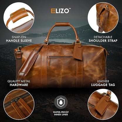 ELIZO Large Leather Duffle Bag For Men Women Big REAL FULL GRAIN Travel Overnight Weekender Carry On Luggage Sports Gym Bags (Tan 24 Inch) Heritage