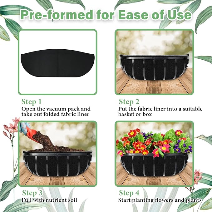Riare 4 Pack 24 Inch Black Felt Window Box Liners- Fabric Trough Planter Basket
