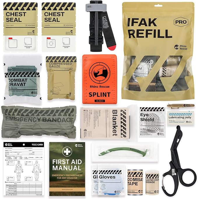 RHINO RESCUE IFAK Refill Kit 17Pcs with CAT Gen-7 Tourniquet, Emergency Tactical First Aid Kit Medical Supplies, IFAK Trauma Kit Combat Pack for Trauma Wound Care, Gunshot, Survival, Car & Camping