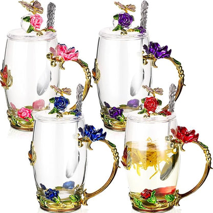 Nuanchu 4 Sets Flower Glass Tea Cups
