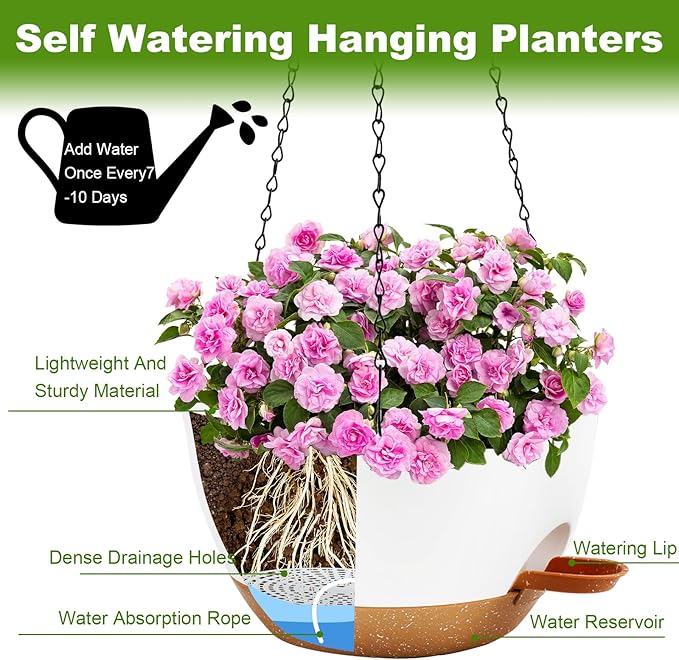 10 inch Hanging Planters for Indoor Plants, 3 Pack Self-Watering Hanging
