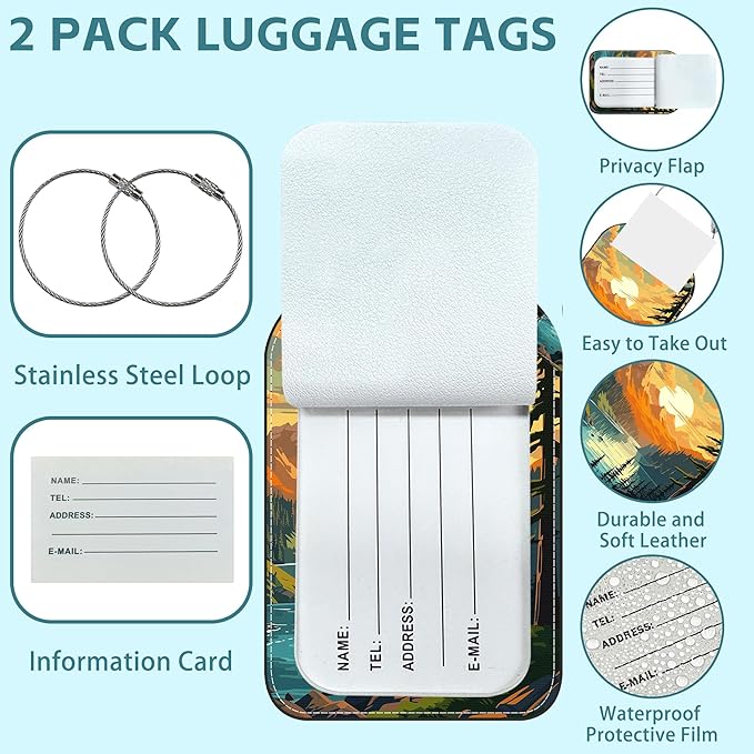 Vintage Mountain and Lake Luggage Tag for Suitcase Set of 2 PU Leather Cute Luggage Tags with Stainless Metal Loop ID Label Privacy Flap Suitcase Tags for Women and Men Travel