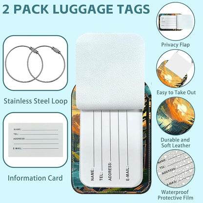 Vintage Mountain and Lake Luggage Tag for Suitcase Set of 2 PU Leather Cute Luggage Tags with Stainless Metal Loop ID Label Privacy Flap Suitcase Tags for Women and Men Travel