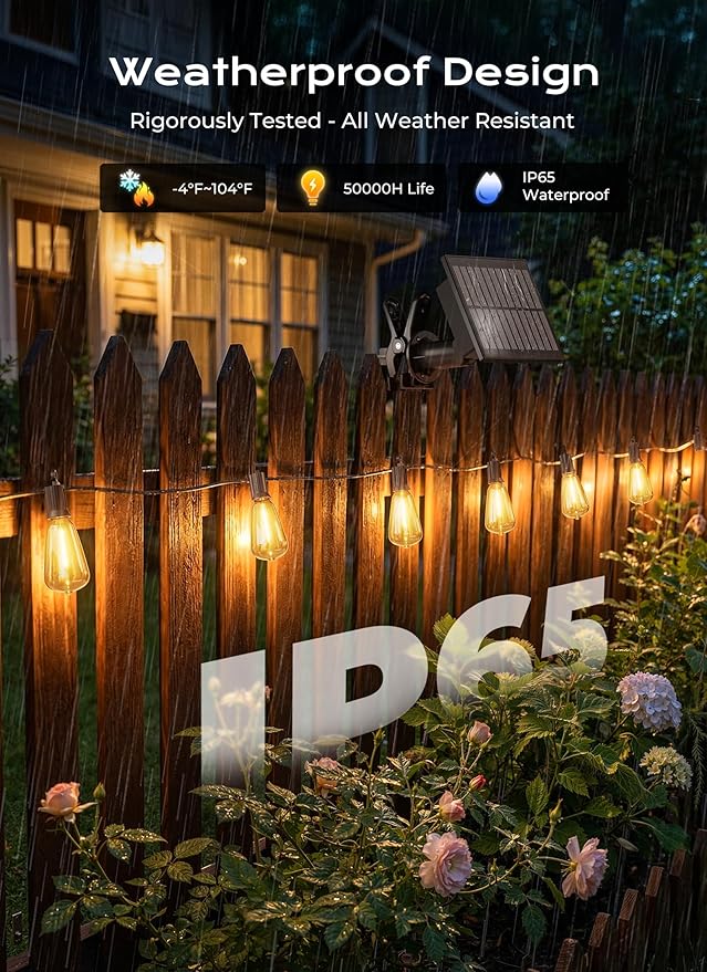 Brightown 52FT Solar String Lights Outdoor Waterproof, Patio Lights