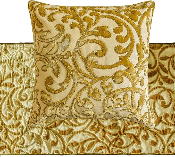 The HomeCentric King/Queen/Twin Beige Gold Decorative Bed Runner CA King 86"x18" Bed Runner with One Pillow Cover, Cut Velvet, Beaded Bed Scarf on Velvet Fabric - Serene Symphony