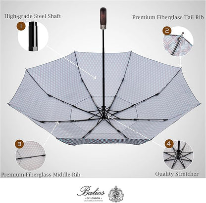 Balios Travel Folding Umbrella with Real Wood Handle Auto Open Close Vented Windproof Canopy - Designed in UK