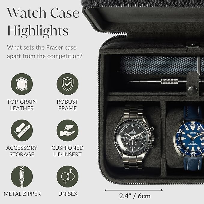 TAWBURY 3 Slot Watch Case Plus Storage – Luxury Leather Watch Travel Case for Men | Black Watch Cases for Men Travel | Traveling Watch Holder for Men | Black Watch Roll Case | 3 Watch Box for Men