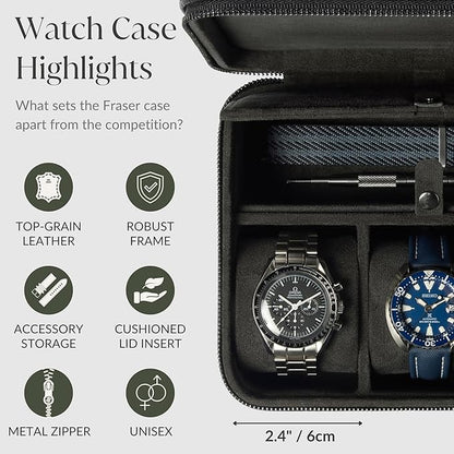 TAWBURY 3 Slot Watch Case Plus Storage – Luxury Leather Watch Travel Case for Men | Black Watch Cases for Men Travel | Traveling Watch Holder for Men | Black Watch Roll Case | 3 Watch Box for Men