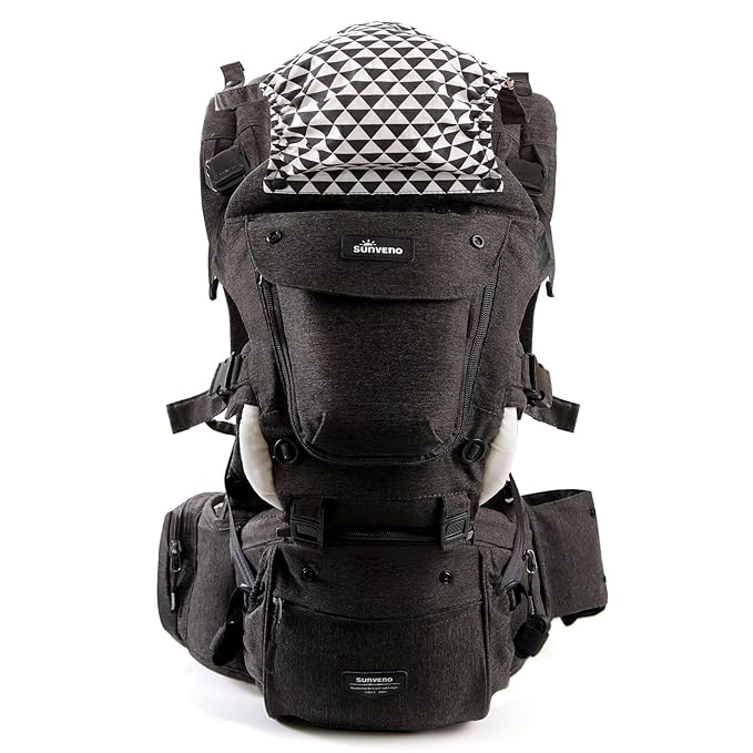 SUNVENO 3 in 1 Ergonomic Baby Carrier with Hip Seat for Newborns and Toddlers, Supports 20 lbs and Up, Waist and Back Relief with Large Weight Capacity for All Season Use,Black