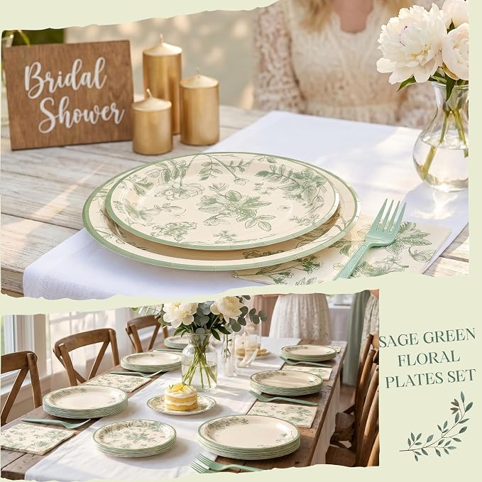 100 Pcs Disposable Sage Green Floral Tableware Set