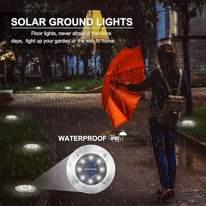 LYHOPE Solar Ground Lights Outdoor, 8 Pack 8 LED Solar Disk Lights Waterproof