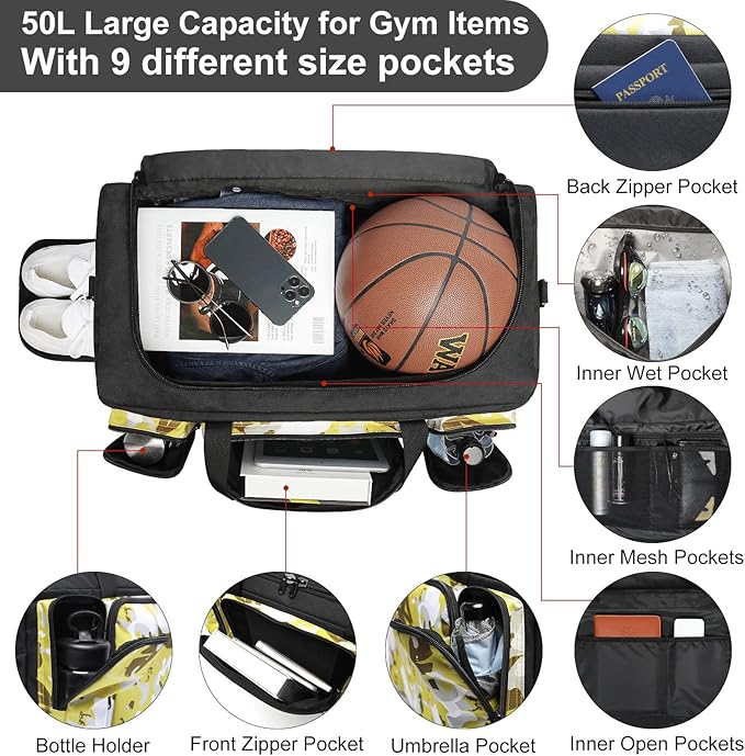 4-Way Gym Bags for Men Gym Duffle Bag Sports Duffle Bag Backpack with Shoe Compartment & Wet Pocket