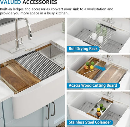 33 White Farm Sink Workstation - Fulorni 33"x21" Apron Front Farmhouse Sink Workstation with Slide Ledge White Ceramic Porcelain Fireclay Single Bowl Farmer Kitchen Sink Basin