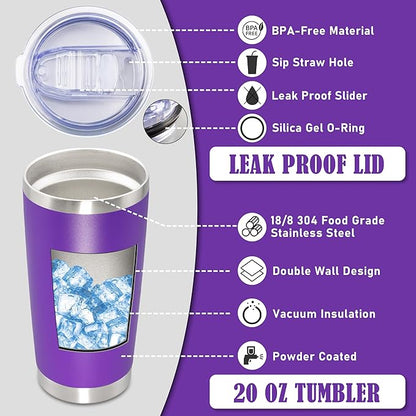 20 oz Tumbler Coffee Tavel Tumblers Bulk with Lid Stainless Steel Double Wall Vacuum Insulated Mug Powder Coated Cups fit Car Cupholder for Hot and Cold - Purple, 8Pack