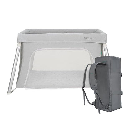 Newton Baby Compact Travel Crib & Play Yard | Breathable & Washable Mattress, Foldable Carry-On Size, Backpack Straps, Gray, Newton Bassinet Attachment NOT Compatible