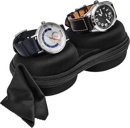 Double Watch Travel Case Storage Holder Box for 2 Watches | Dual Tough Portable Protection w/Zipper Fits All Wristwatches & Smart Watches Up to 50mm (Black)