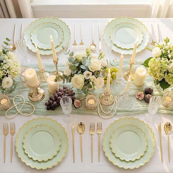 LIYH 100 Sage Green Scalloped Plastic Plates