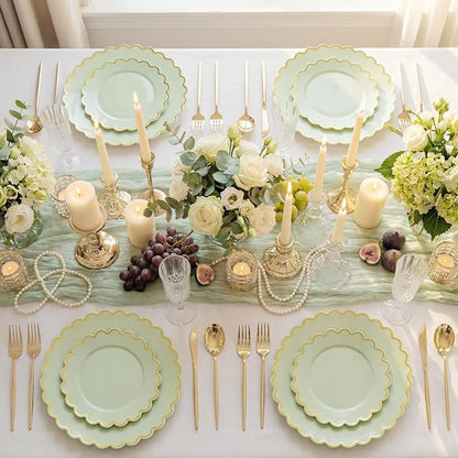 LIYH 100 Sage Green Scalloped Plastic Plates