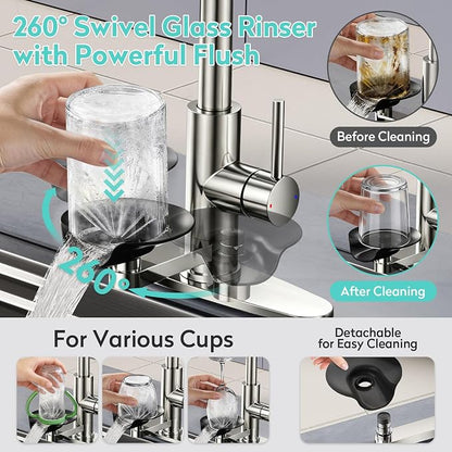 Waterfall Kitchen Faucet with Pull Down Sprayer & Glass Rinser | 4 Adjustable