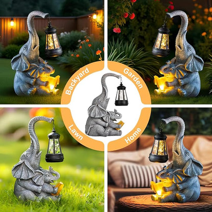 Solar Garden Statue Lights Loving Elephants Figurine