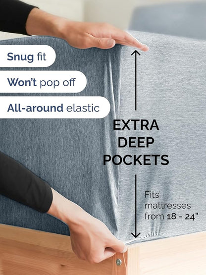 Extra Deep Full Sheet Set - 6 Piece Breathable and Cooling Sheets - Hotel Luxury Bed Sheets Set - Easy Fit - Soft, Wrinkle Free and Comfy Sheets Set - Heathered Blue Sheet Set with Extra Deep Pockets