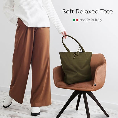 Italian Calf Leather Tote for Women with Zipper, Inner Pocket & Flat Base | Soft Unlined Shopper for Work & Travel