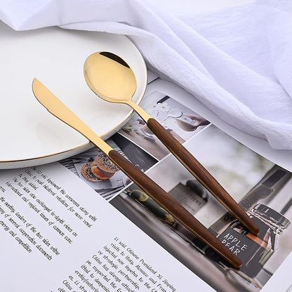 16-Piece Silverware Set with Cake Fork, Gold Stainless Steel Flatware Cutlery Set, Eating Utensils Set with Wooden effect Handle, Include Knife Fork Spoon, Mirror Polished, Dishwasher Safe