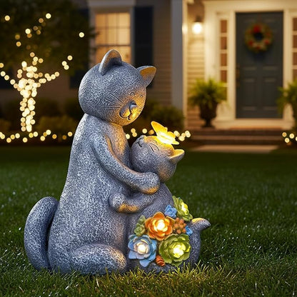 Solar Garden Statues Loving Cat Figurine Lights