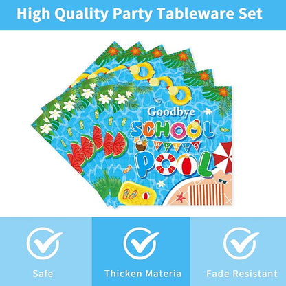 96 Pcs Goodbye School Hello Pool Party Decorations, Summer Pool Party Plates