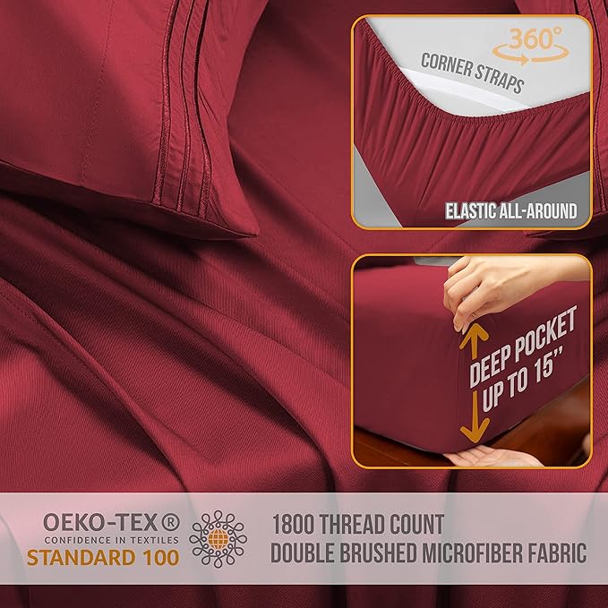 Full Size Bed Sheets Cooling - Luxury Hotel Sheet Set - Soft Sheets with Elastic Corner Strap - Deep Pocket Microfiber Bedsheet - Bedding Sheet & Pillowcases - 4 PC (Full Size, Burgundy)